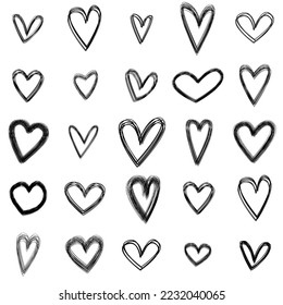 Conjunto de dibujos de lápiz en blanco y negro. Elementos grunge de ilustración abstracta dibujados a mano. Corazones de moda dibujados a mano. Día de San Valentín, concepto de amor.