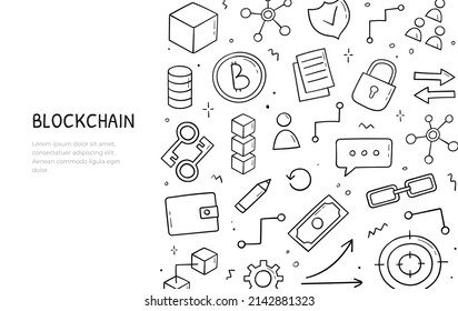Doodle set of blockchain theme items. Horizontal banner template. Cryptocurrency concept in sketch style. Vector electronic commerce illustration.