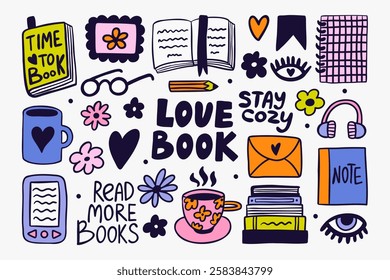 Doodle set of books, glasses, books and coffee isolated on a white background. Hand drawn modern Vector illustration.Cozy vibe.
