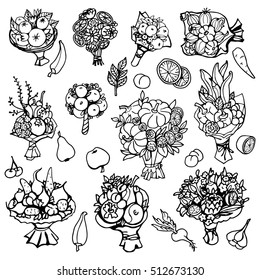 Doodle set with bouquets of fruits and vegetables. Graphic illustration is drawn by hand. Bouquet with carrots, potatoes, peppers, onions, garlic, pumpkin, apple, pear, lemon, orange, flowers, leaves.