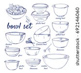 Doodle set of Bowls - plastic, mixing, stainless steel, glass, plastic, stoneware, wooden, potted, ceramic, whisk, fruits, salad, hand-drawn. Vector sketch illustration isolated over white background.