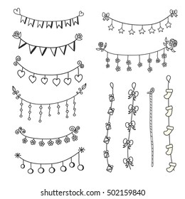 Doodle set  bunting and garlands for decorations. Flags ,heart,flowers and rope vector
