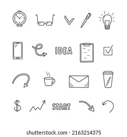 Doodle set business concept, vector illustration of icons business idea, office work.