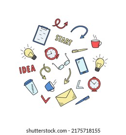 Doodle set business concept, vector illustration of icons business idea, office work