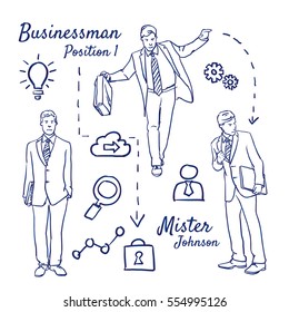 Doodle set of Business Man Positions ans Icons - light, cloud, lupe, lock, gear, statistics, hand-drawn. Vector sketch illustration isolated over white background.