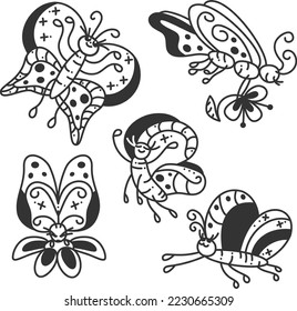 Doodle set with butterflies. Cute little set with 5 different butterflies.
