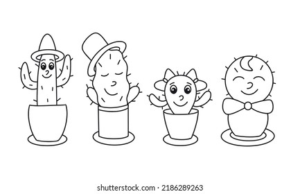Doodle set cacti characters isolated vector illustration. Cactus girl, cactus guy in hat, cactus is sleeping. Funny black contour baby characters. Flat coloring book collection