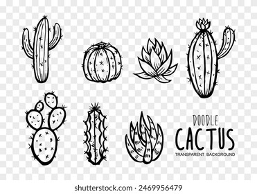 Doodle set of cactus flower on transparent background 