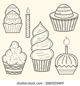 Doodle set of cakes and pastries. Collection of cute goodies, hand drawn sketch. Baking collection, vector isolated objects