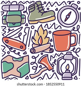 doodle set of camp tools hand drawing with icons and design elements