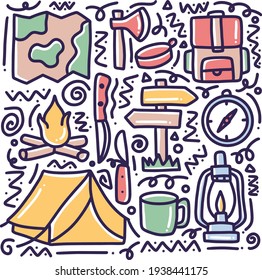 conjunto de doodle de herramientas de campamento dibujo manual con iconos y elementos de diseño