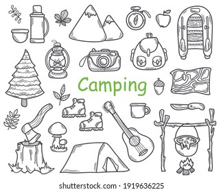 Doodle Set of Camping Elements  and Equipment for Hiking in Sketch style. Hand Drawn Tourism 
 Tools and Travel Accessories.Line Vector Illustration. Isolated on a white background.