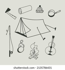Doodle Set of Camping Elements and Equipment for Hiking in Sketch style. Hand Drawn Tourism Tools and Travel Accessories.Line Vector Illustration. Isolated on a white background.