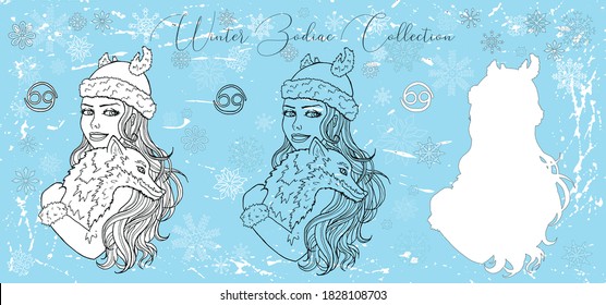 Doodle set with Cancer zodiac symbol. Girl holding cute fox against snowy background. Vector hand drawn winter illustration, line art design element, esoteric and mystic background