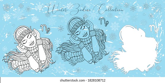 Doodle set with Capricorn zodiac symbol. Girl listening to music in headphones against snowy background. Vector hand drawn winter illustration, line art design element, esoteric and mystic background
