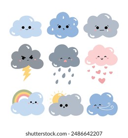 Doodle Set of Cartoon Clouds with Cute Expression