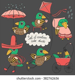 Doodle set of cartoon cute ducks. Vector sketch illustration. Birds in color
