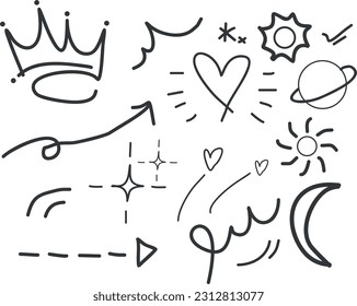 doodle set, doodle cartoon effect, love, crown, arrow, circle and curve vector. Hand drawn design elements isolated on white background for infographics. vector illustration.