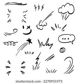 Doodle set cartoon expressions effects. Hand drawn emoticon effects design elements. vector illustration