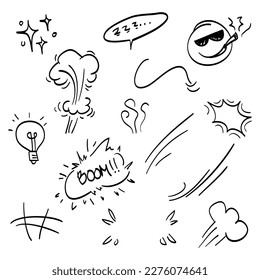 Doodle set cartoon expressions effects. Hand drawn emoticon effects design elements. vector illustration