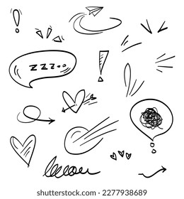 Doodle set cartoon expressions effects. Hand drawn emoticon effects design elements. vector illustration