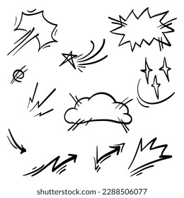 Doodle set cartoon expressions effects. Hand drawn emoticon effects design elements. vector illustration