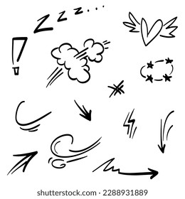Doodle set cartoon expressions effects. Hand drawn emoticon effects design elements. vector illustration