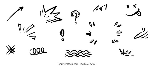 Doodle set cartoon expressions effects. Hand drawn emoticon effects design elements. vector illustration