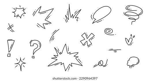 Doodle set cartoon expressions effects. Hand drawn emoticon effects design elements. vector illustration