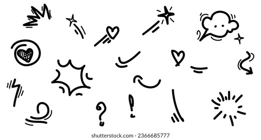 Doodle set cartoon expressions effects. Hand drawn emoticon effects design elements. vector illustration