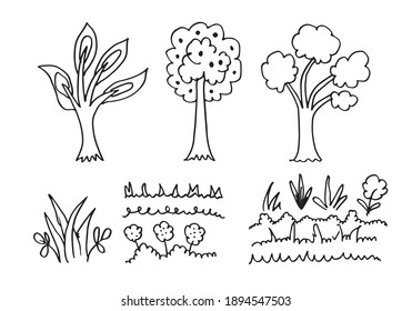 Doodle set of cartoon grass and trees.Landscape elements vector set isolated on white background.