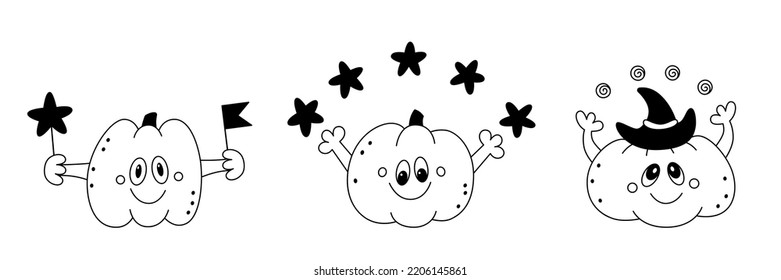Conjunto de dibujos animados de calabazas felices.Elementos de diseño festivo para niños vectores para tarjetas de halloween, invitación, plantillas de medios sociales.Esquema.Aislado sobre fondo blanco. 