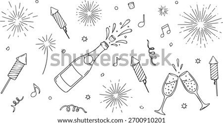 Doodle set for a celebration featuring festive elements like sparkling wine, firecrackers, and confetti in a simple black and white line art style.