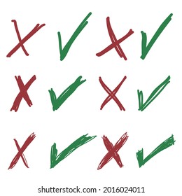 doodle set of check mark and wrong mark with circle. false and true. vector illustration