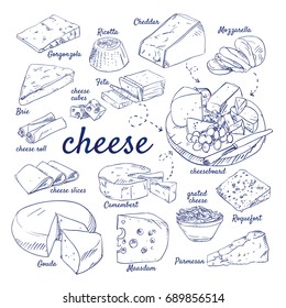 Doodle set of Cheese board - Gorgonzola, Ricotta, Cheddar, Mozzarella, Brie, Feta, Camembert, Gouda, Maasdam, Parmesan, Roquefort, hand-drawn. Vector sketch illustration isolated over white background