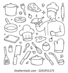 Doodle set of chef cooking tools and equipments hand drawn vector illustration