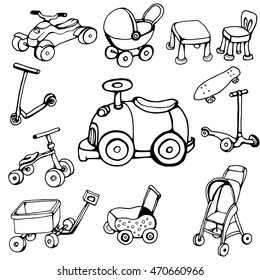 doodle set children's transport. black and white drawings of hands: car, bike, skate, scooter, stroller