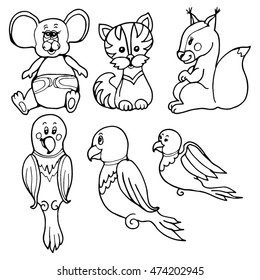 doodle set a child's drawing. fun and simple animal toys. mouse, squirrel, parrot, cat