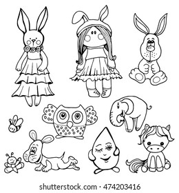 doodle set a child's drawing. fun and simple animal toys. doll, rabbit, dog, owl, elephant, pony, butterfly, bee,