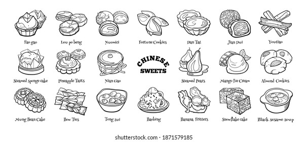 Doodle set of chinese sweets. Hand drawn sketch of traditional desserts. Vector illustration on white background.