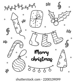 Doodle set of Christmas elements. Gift, cracker, Christmas toy, New Year's socks.