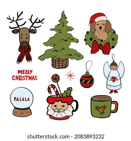 Doodle set of Christmas elements. New Year vector illustration. Isolated on white background 