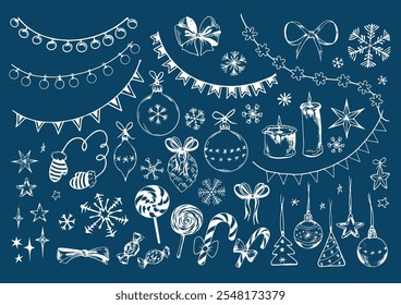 Doodle set of Christmas and New Year isolated elements. Vector illustration on midnight blue background.