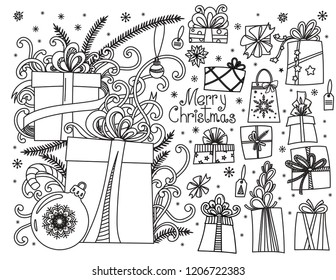 Doodle set of Christmas presents. Hand drawn cartoon gift boxes in various shapes and pile of holiday presents with ribbons and bow . Vector illustration isolated on white. Design elements collection.