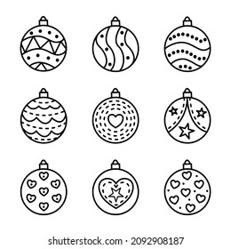 Doodle set of Christmas tree balls with patterns. Festive New Year decorations collection in minimalist sketch style. Hand drawn vector illustration of ball icons with ornaments for festive season.