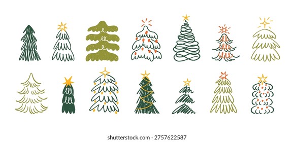Doodle set of Christmas trees. Decorated Xmas firs with garlands, stars and balls. Festive firtrees with ornaments and baubles. New Year decor. Flat isolated hand drawn vector illustrations on white