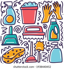 doodle set of cleaning tools hand drawing with icons and design elements