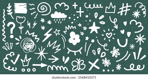 Doodle set with clouds, stars, and arrows. Whimsical clouds, playful stars, and dynamic arrows. Perfect for creative projects needing clouds, stars, and arrows. White doodle elements, vector set.