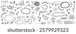 Doodle set with clouds, stars, and hearts. Includes abstract lines, flowers, and arrows. Fun and whimsical doodles with clouds, stars, and hearts. Black hand drawn elements, vector set.
