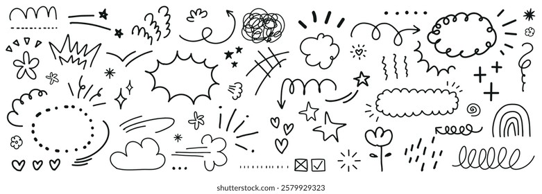 Doodle set with clouds, stars, and hearts. Includes abstract lines, flowers, and arrows. Fun and whimsical doodles with clouds, stars, and hearts. Black hand drawn elements, vector set.